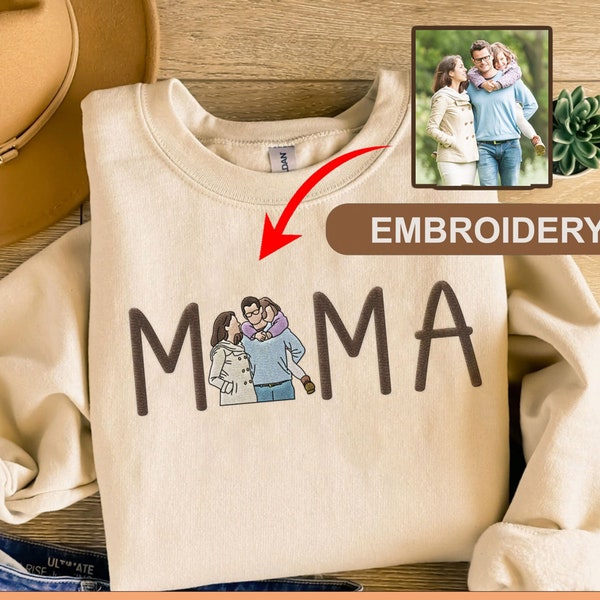 Mama Embroidered Shirt and Custom Portrait From Photo Sweatshirt, Portrait Family Embroidery Shirt Hoodie, Best Gift for Mother's Day