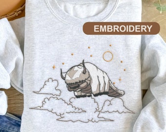 Sky Bison Embroidered Sweatshirt Hoodie T-shirt, Appa Embroidered Crewneck Baby Tee, Anime Embroidered Shirt, Yip Yip Embroidered Shirt