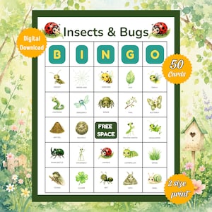 May include: A printable Insects & Bugs bingo game card featuring a grid with the title Insects & Bugs, the letters BINGO in teal squares, and a central FREE SPACE. The grid contains watercolour illustrations of various insects, plants, and nature items.
