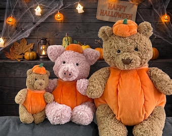 Traje de oso de peluche de calabaza hecho a mano para Bartholomew Bear / Cerdo / Ropa de disfraz de Halloween / Se adapta a peluches de 4 a 16 pulgadas, Traje Build-A-Bear,