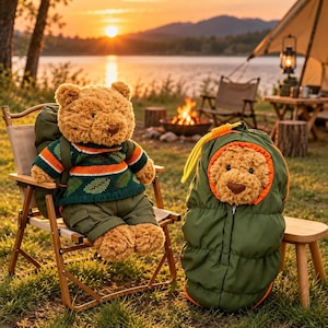 Puede incluir: Un oso de peluche color canela con un suéter verde de rayas naranjas y motivos de hojas, junto a unos pantalones cargo verdes. A su lado, otro oso de peluche color canela está dentro de un saco de dormir acolchado verde con borde y cordón naranja.