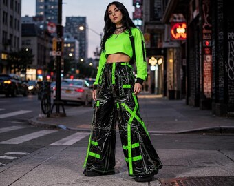 Cyber Goth Lacklederhose | Weites Bein Rave, Industrielle Riemen Festival Kleidung