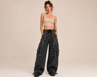 Goth-cargobroek | Denim jeans met wijde pijpen, kettingen en studs | Punk streetwear-broek