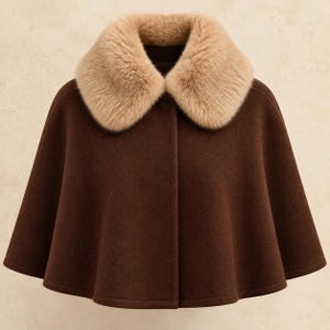 May include: A dark brown cape featuring a wide, plush beige faux fur collar. The garment has a structured, flared silhouette that drapes from the shoulders, with a clean front closure and a smooth, solid-colored fabric construction.