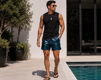 Glossy PVC Cargo Shorts – Metallic Deep Teal, Waterproof Streetwear, Athletic Fit