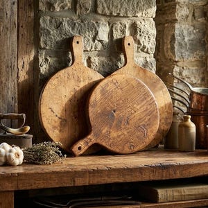 May include: Three round wooden cutting boards with handles, featuring a weathered, textured grain. The boards are arranged in a layered composition, showcasing a natural light brown finish with visible knots and imperfections in the wood surface.