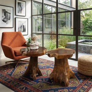 May include: Two natural wood stump side tables with irregular, organic circular tops and thick, textured bases. The tables are positioned on a patterned rug featuring blue, red, and green tones, next to an orange upholstered armchair.