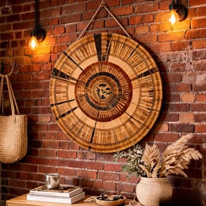 May include: A circular wooden wall art piece featuring concentric rings of light and dark wood grain patterns, suspended by a rope. The design displays radiating lines and a central dark core, creating a detailed radial texture across the surface.