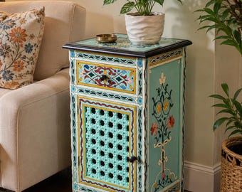 Hand Painted Moroccan End Table | Arabesque Wooden Storage Cabinet | Mediterranean Accent Furniture