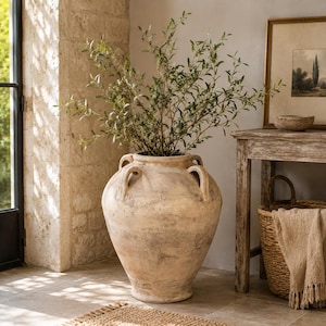 May include: A large, weathered, beige terracotta floor vase with a rounded body, a wide neck, and four small decorative handles near the rim. The vase contains a tall, leafy green plant with thin, delicate branches and small, pointed leaves.