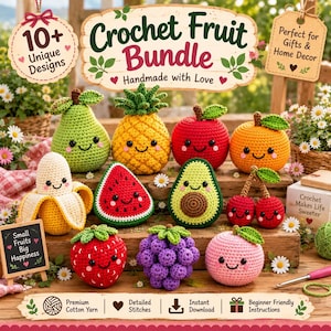 Peut inclure: Une collection de fruits en crochet incluant une poire, un ananas, une pomme, une orange, une banane, une tranche de pastèque, un avocat, des cerises, une fraise, du raisin et une pêche. Chaque pièce présente un visage souriant.