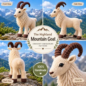 May include: A crochet amigurumi mountain goat with cream-coloured yarn, dark brown curved horns, and dark brown hooves. The text reads The Highland Mountain Goat, Crochet Amigurumi Pattern, and 100% Handmade. The goat is shown from front, side, back, and close-up views.