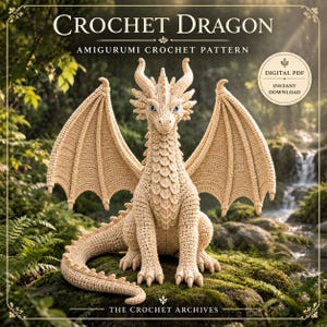 May include: A beige crochet dragon amigurumi with large wings, horns, and blue eyes. The text reads: CROCHET DRAGON, AMIGURUMI CROCHET PATTERN, DIGITAL PDF INSTANT DOWNLOAD, THE CROCHET ARCHIVES. The dragon is sitting on a mossy rock in a forest.