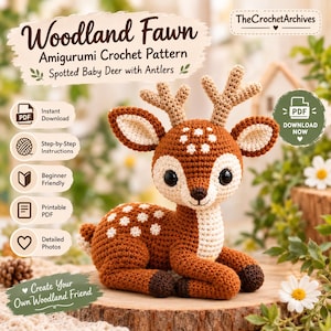 May include: A crochet amigurumi pattern for a Woodland Fawn, featuring a spotted baby deer with antlers. The text includes Woodland Fawn Amigurumi Crochet Pattern, Spotted Baby Deer with Antlers, Instant Download, Step-by-Step Instructions, Beginner Friendly, Printable PDF, Detailed Photos, and TheCrochetArchives.