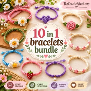 Puede incluir: Un conjunto de diez pulseras de ganchillo hechas a mano con varios diseños, incluyendo una margarita blanca, un corazón morado, una rosa, una nube azul con una estrella amarilla, una fresa roja y varios patrones florales con cuentas y cordones.