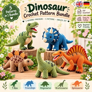 May include: A digital bundle of 5 crochet patterns for dinosaurs, featuring a green T-Rex, blue Triceratops, brown Stegosaurus, light green Brachiosaurus, and orange Spinosaurus. The text reads Dinosaur Crochet Pattern Bundle, 5 Patterns in 1 Bundle.