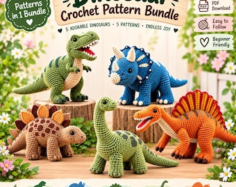 Bundel met haakpatronen voor dinosaurussen, 5 amigurumi dinosauruspatronen, T-Rex, Triceratops, Stegosaurus, Brachiosaurus en Spinosaurus (PDF)