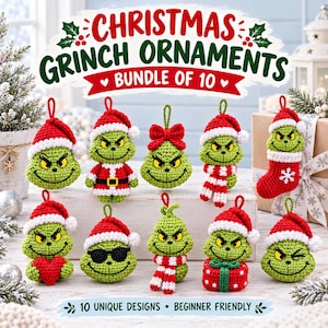 Puede incluir: Un conjunto de 10 adornos de ganchillo con forma de Grinch verde, con accesorios navideños como gorros de Papá Noel, bufandas, un corazón rojo, gafas de sol y un regalo. El texto dice CHRISTMAS GRINCH ORNAMENTS BUNDLE OF 10 y 10 UNIQUE DESIGNS BEGINNER FRIENDLY.