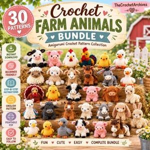 Peut inclure: Un graphique numérique présentant 30 modèles de crochet d'animaux de ferme. Le texte indique Crochet Farm Animals Bundle, Amigurumi Crochet Pattern Collection et TheCrochetArchives. Des icônes indiquent téléchargement et PDF.