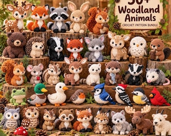 Peut inclure: Une collection de plus de trente figurines d'animaux des bois au crochet, incluant cerf, renard, raton laveur, lapin, écureuil, ours, hérisson, mouffette, loup, hibou, castor, souris, tamia, grenouille, canard, oiseau et orignal.