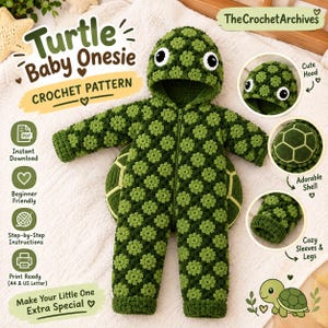May include: A green crochet baby onesie featuring a turtle-themed hood with eyes, a front zipper, and a textured floral pattern. The design includes a separate turtle shell attachment, with text overlays reading Turtle Baby Onesie Crochet Pattern.