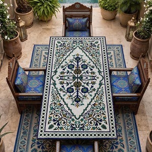 May include: A rectangular dining table featuring a white surface with an intricate blue, green, and gold floral mosaic pattern, surrounded by three wooden chairs with blue patterned cushions, all placed on a matching blue and white geometric rug.