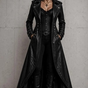 May include: A long black leather coat with a wide collar, epaulettes, and double-breasted button detailing. The coat is worn over a black lace-trimmed corset, black trousers, and black boots. A silver cross pendant hangs from a thin chain.