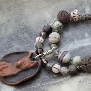 Wildwood Necklace - porcelain fox pendant - stones and silver - custom silver clasp - handmade ooak - nature-inspired