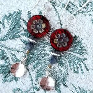 Catbird Seat Earrings - red glass and silver - dangle
