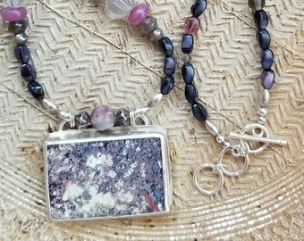 Pageantry Necklace - moss agate pendant - pinks & grays - silver, tourmaline, labradorite, Botswana agate, glass - elegant necklace