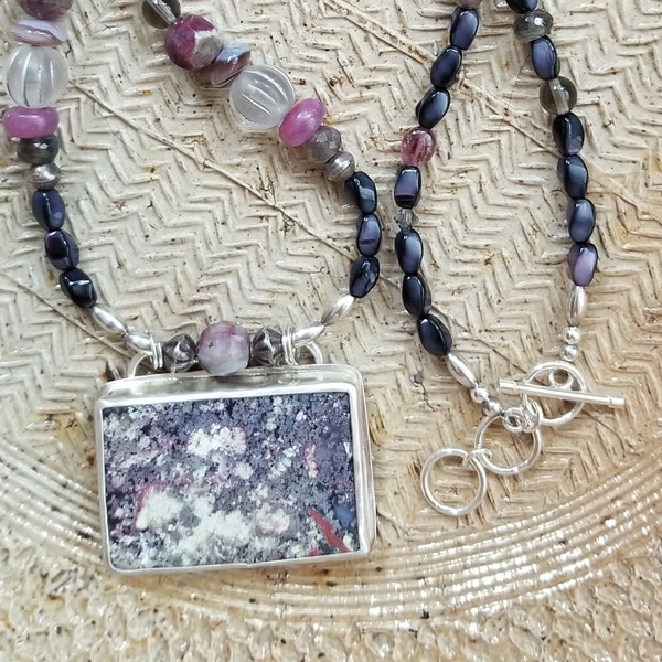 Pageantry Necklace - moss agate pendant - pinks & grays - silver, tourmaline, labradorite, Botswana agate, glass - elegant necklace