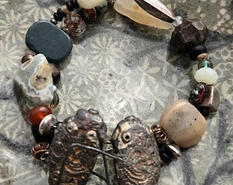 Tableau Bracelet - raku clasp - double strand - carnelian, jasper, quartz, opal, glass, silver