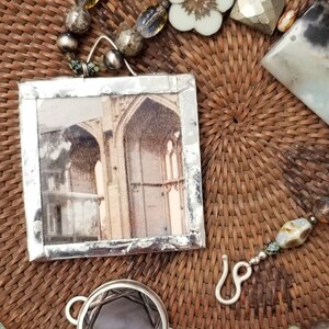 Thirty-Seven Necklace - original collage pendant - aquamarine, glass, agate, Amazonite - silver clasp with shell button