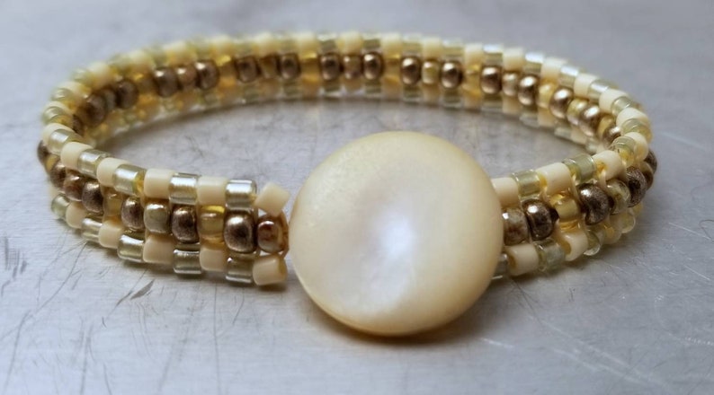 Penzance Bracelet beadwoven cream metallic mother of pearl button image 1