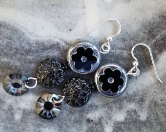 Flower Trio Earrings - Czech and Swarovski - black and gray - handmade ooak