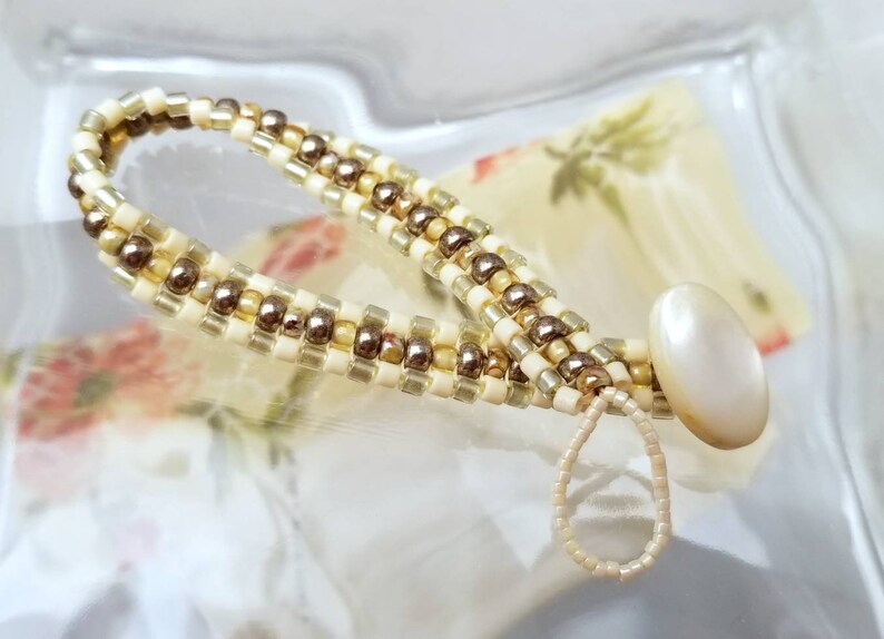 Penzance Bracelet beadwoven cream metallic mother of pearl button image 6