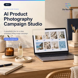 Pode incluir: Um anúncio de download digital para AI Product Photography Campaign Studio com um laptop exibindo uma grade de imagens de produtos, uma vela âmbar acesa, um frasco conta-gotas, uma bandeja de pedra, uma caneta e um caderno em uma mesa.
