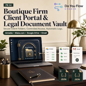 May include: A laptop displays a Boutique Firm Client Portal and Legal Document Vault interface. Text includes PB-14, Do You Flow Studio, Secure Client Folders, Controlled Access, Automatic Logs, Airtable, Make.com, Google Drive, and Gmail.