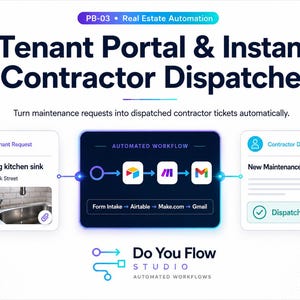 Puede incluir: Una infografía digital titulada Tenant Portal & Instant Contractor Dispatcher que muestra un flujo de trabajo automatizado. Incluye una solicitud de inquilino por un fregadero con fugas, un proceso central con iconos y un ticket de mantenimiento.