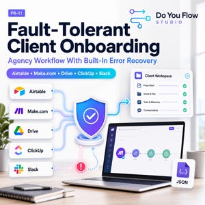 May include: A digital graphic titled Fault-Tolerant Client Onboarding by Do You Flow Studio. It displays a workflow connecting Airtable, Make.com, Drive, ClickUp, and Slack to a laptop screen and a Client Workspace list with checkmarks.