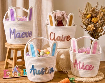 Personalized Easter Bunny Basket with Name, Bunny Ear Easter Basket, Kids Easter Egg Hunt Basket, Custom Easter Gift Basket