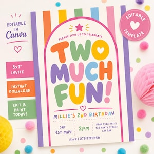 Invitación de cumpleaños "Dos muy divertidos" / Invitación para el segundo cumpleaños / Invitación para fiesta "Listos para dos" / Fiesta en tonos pastel / Invitación editable en Canva (descarga digital)