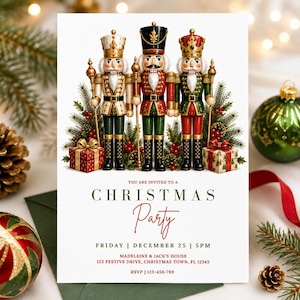 Könnte beinhalten: Eine weiße Einladungskarte mit drei Nussknacker-Figuren in rot-grün-goldenen Uniformen, umgeben von Tannenzweigen und Geschenken. Der Text lautet: YOU ARE INVITED TO A CHRISTMAS PARTY, FRIDAY | DECEMBER 25 | 5PM, MADELEINE & JACK'S HOUSE, 123 FESTIVE DRIVE, CHRISTMAS TOWN, FL 12345, RSVP | 123-456-789.