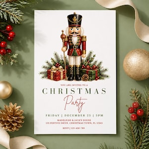 May include: A white Christmas party invitation card featuring a central nutcracker illustration, pine branches, and two gift boxes. Text includes: YOU ARE INVITED TO A CHRISTMAS PARTY, FRIDAY | DECEMBER 25 | 5PM, MADELEINE & JACK'S HOUSE, 123 FESTIVE DRIVE, CHRISTMAS TOWN, FL 12345, RSVP | 123-456-789.