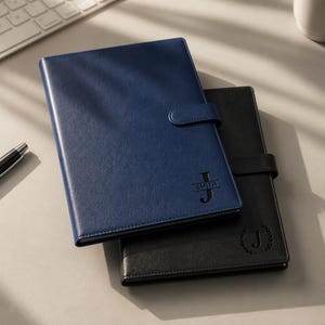 Può includere: Un taccuino blu navy con chiusura magnetica e il testo J SMITH in rilievo, sovrapposto a un taccuino nero con chiusura magnetica e la lettera J in rilievo circondata da una corona d'alloro, entrambi con una finitura liscia simile alla pelle.
