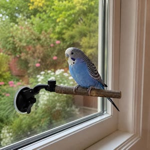 Könnte beinhalten: Ein blau-weißer Wellensittich sitzt auf einem natürlichen Holzast, der mit einem schwarzen Saugnapf an einem Fenster befestigt ist. Der Vogel hat schwarz-weiße Streifen an Flügeln und Kopf, eine hellblaue Brust und einen gelben Schnabel.