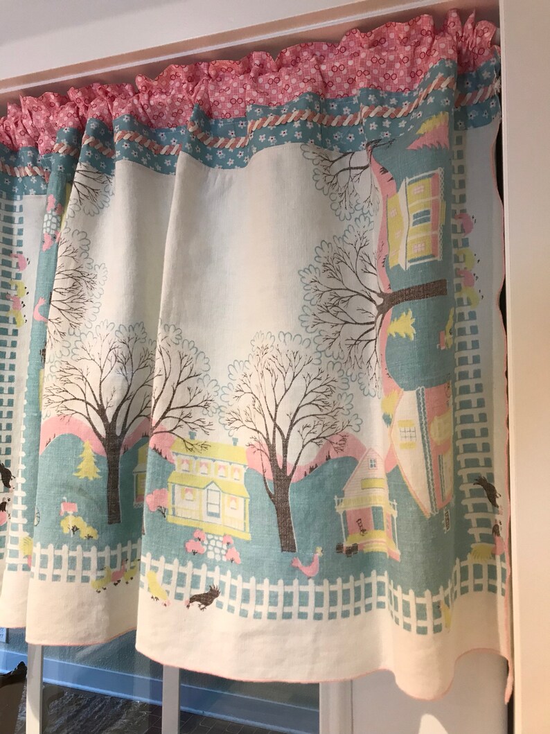 rick rack room on Curtains Window Treatments Retro Fabric And Rick Rack Pair Of Curtains With Upcycled Tablecloth Home Living