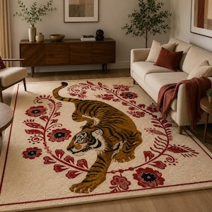 Op de afbeelding: Een rechthoekig vloerkleed met een crèmekleurige achtergrond met een grote tijgerillustratie in bruine en zwarte tinten, omringd door een decoratieve rand van rode en donkere bloemmotieven en een dunne rode lijn rondom het kleed.