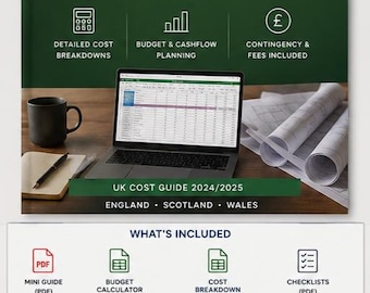 Könnte beinhalten: Ein digitales Produkt mit dem Titel Extension Budget Calculator auf einem dunkelgrünen Hintergrund mit Laptop, Bauplänen und Tasse. Der untere Bereich listet enthaltene Elemente wie ein PDF-Handbuch, eine Kalkulationstabelle und Checklisten auf.