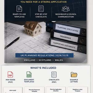 May include: A digital document pack for planning permission applications, featuring a dark blue cover with white text, a miniature house model, and black binders. Includes templates, checklists, and guides for UK regulations 2024/2025 in England, Scotland, and Wales.